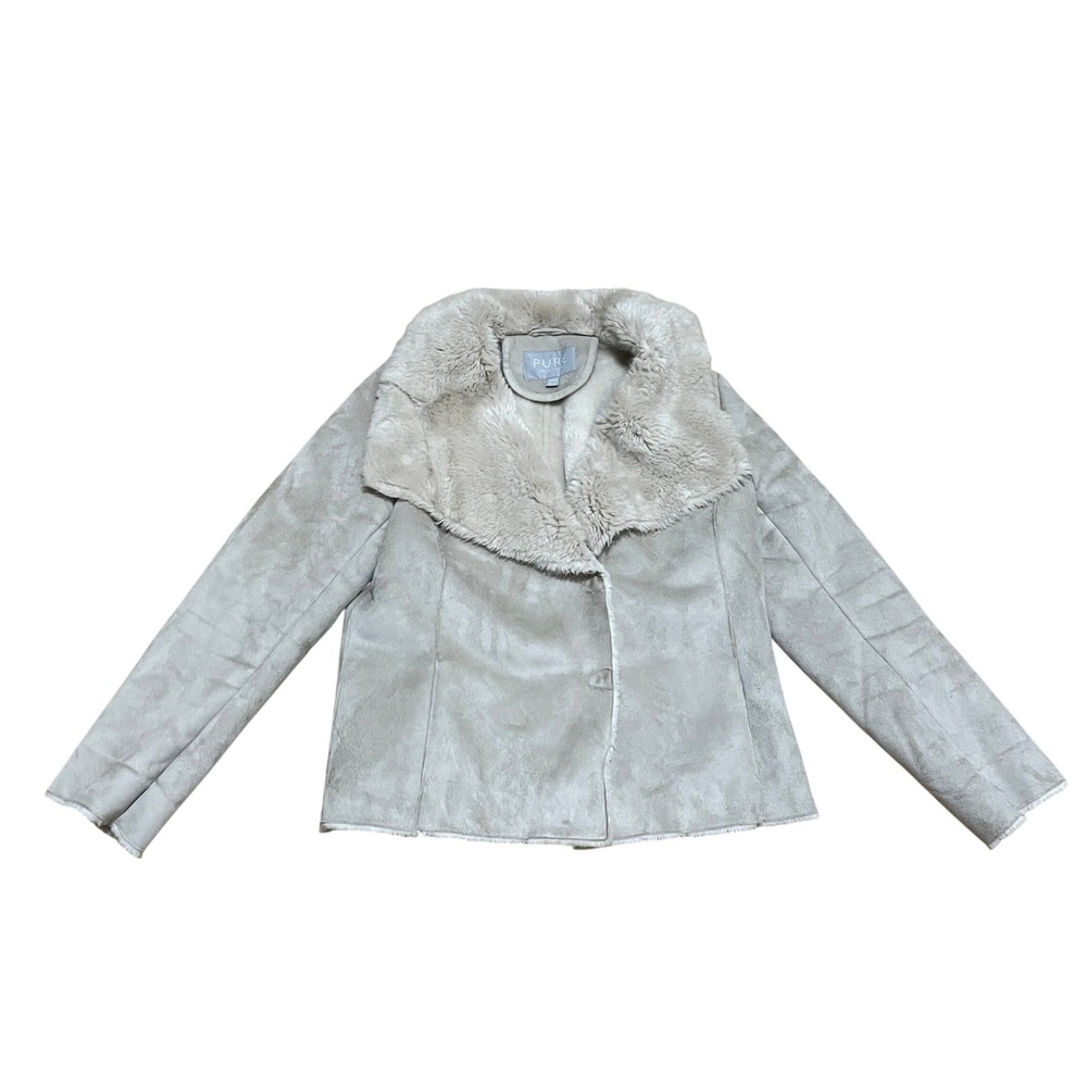 Pure Collection Women's 12 Faux Soft Shearling Jacket Stone Tan Beige Cozy Chic
